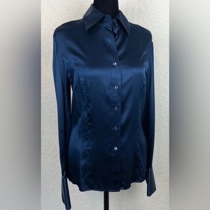 ANN TAYLOR • Deep Blue Silk Button-Down Long Sleeve Shirt